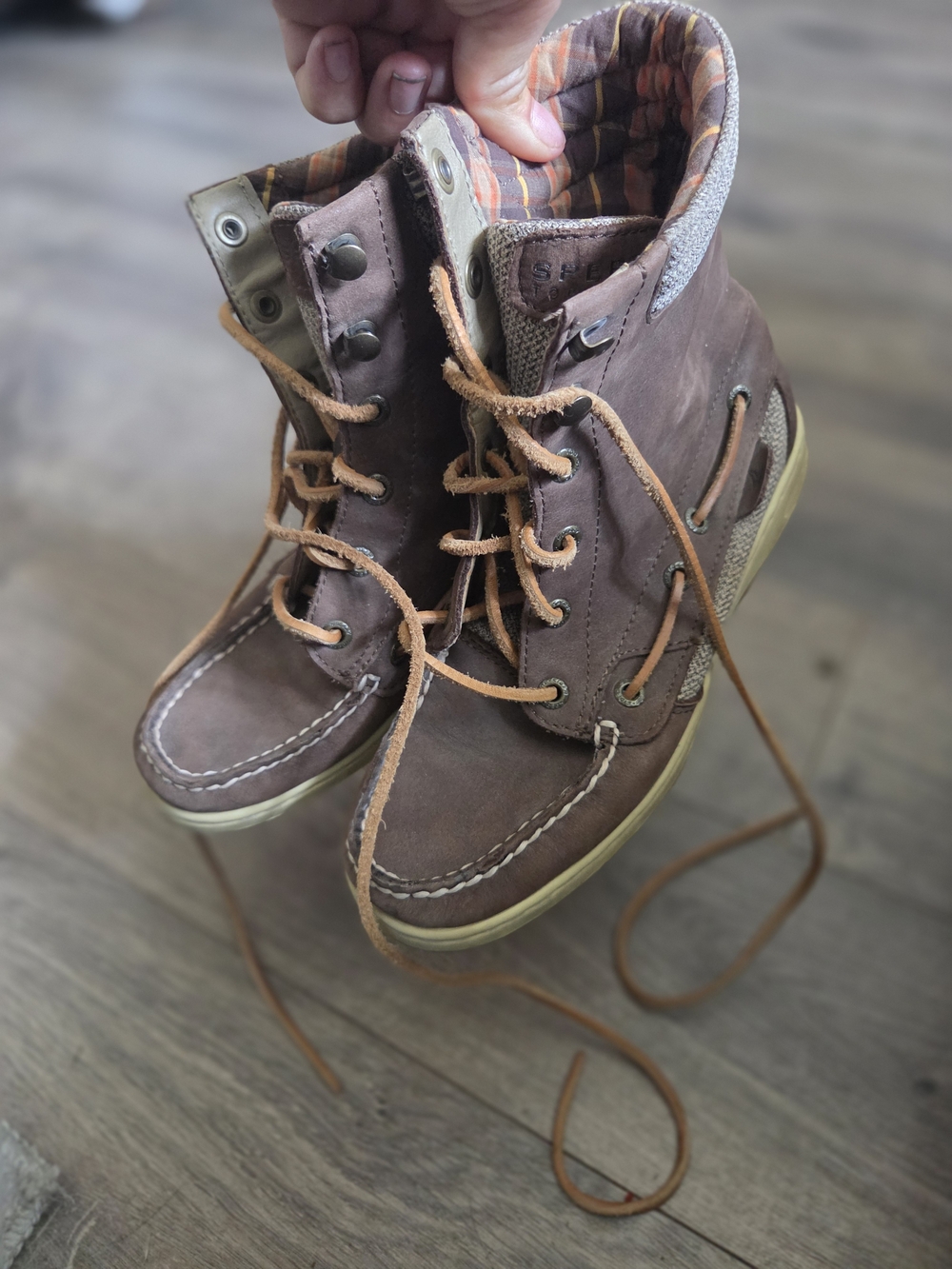 Sperry Tan Leather Moccasin-Style Lace Boots with Plaid Lining